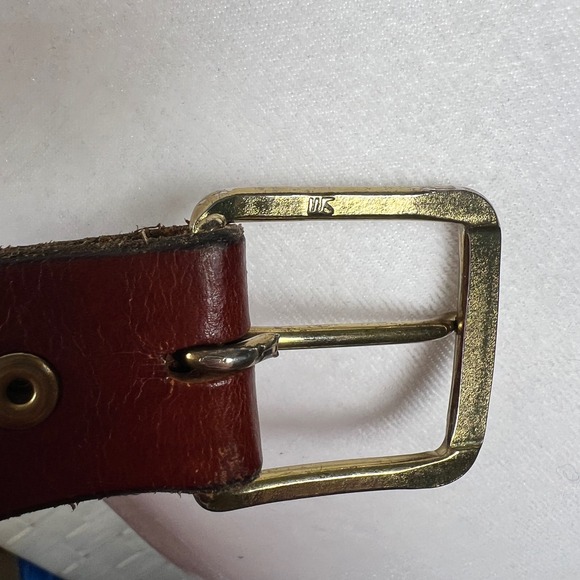 Unisex Cognac Brown Leather Belt Brass Buckle Classic Casual Dress Work Size 38 - Picture 3 of 6